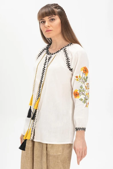 Uzun Kol Şile Bezi Nigar Yazlık Bluz Krem Krm S Krem - Resim 3