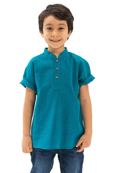 Kısa Kol Şantuklu Pamuk Bodrum Yazlık Erkek Çocuk Tshirt Petrol 3053 1-2 Yaş Petrol - Resim 5