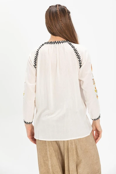 Uzun Kol Şile Bezi Nigar Yazlık Bluz Krem Krm S Krem - Resim 2