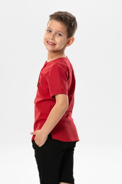 Kısa Kol Şile Bezi Zımbalı Yazlık Erkek Çocuk Tshirt Kırmızı 3051 1-2 Yaş Bordo - Resim 2