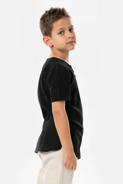 Kısa Kol Şile Bezi Zımbalı Yazlık Erkek Çocuk Tshirt Siyah 3003 1-2 Yaş Siyah - Resim 5