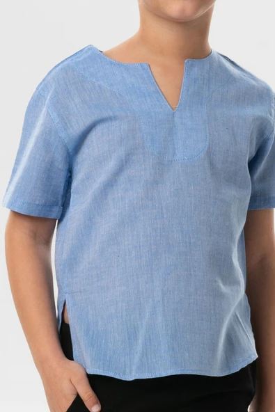 Kısa Kol Şile Bezi Bisiklet Yaka Yazlık Erkek Çocuk Tshirt Mavi 3032 1-2 Yaş Mavi - Resim 3