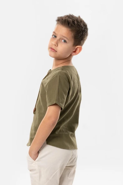 Kısa Kol Şile Bezi Zımbalı Yazlık Erkek Çocuk Tshirt Haki 3049 1-2 Yaş Haki - Resim 5