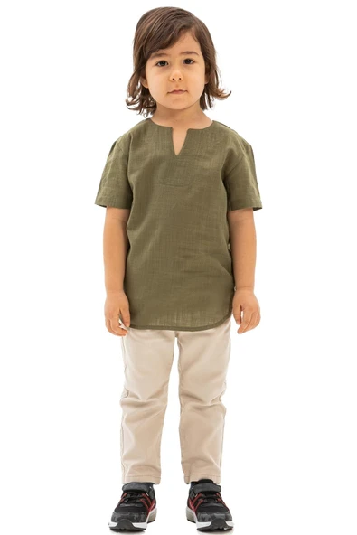 Kısa Kol Şile Bezi Bisiklet Yaka Yazlık Erkek Çocuk Tshirt Haki 3049 1-2 Yaş Haki - Resim 5