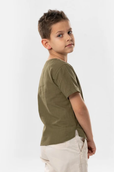 Kısa Kol Şile Bezi Zımbalı Yazlık Erkek Çocuk Tshirt Haki 3049 1-2 Yaş Haki - Resim 2