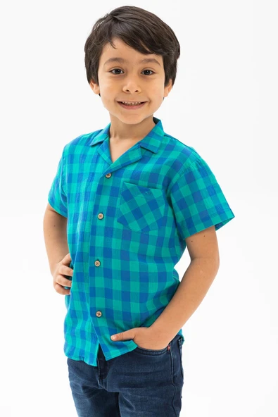 Kısa Kol Şile Bezi Tek Cepli Erkek Yazlık Çocuk Gömlek Mint Kareli 3033 2-3 Yaş Mint Kareli - 3