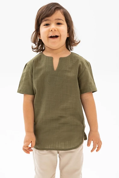 Kısa Kol Şile Bezi Bisiklet Yaka Yazlık Erkek Çocuk Tshirt Haki 3049 1-2 Yaş Haki - Resim 3