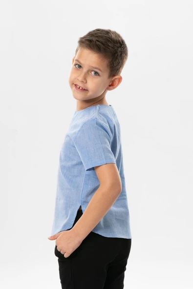 Kısa Kol Şile Bezi Bisiklet Yaka Yazlık Erkek Çocuk Tshirt Mavi 3032 1-2 Yaş Mavi - Resim 2