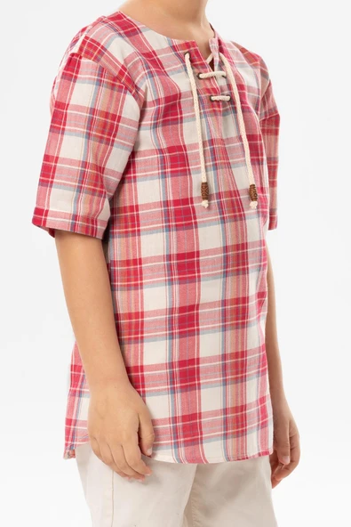 Kısa Kol Şile Bezi Zımbalı Yazlık Erkek Çocuk Tshirt Kırmızı Krem Ekose 3038 1-2 Yaş Kırmızı Krem Ekose - 3