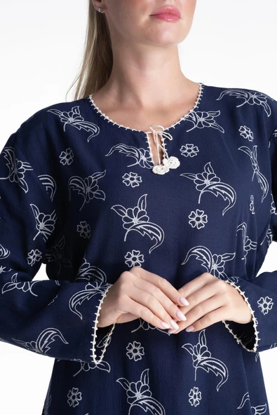 Uzun Kol Şile Bezi Baskılı Uzun Yazlık Elbise Serpme Desen Lacivert Lcvt - Resim 3