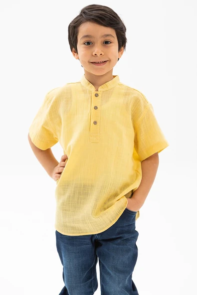 Kısa Kol Şantuklu Pamuk Bodrum Yazlık Erkek Çocuk Tshirt Sarı 3073 1-2 Yaş Sarı - Resim 4