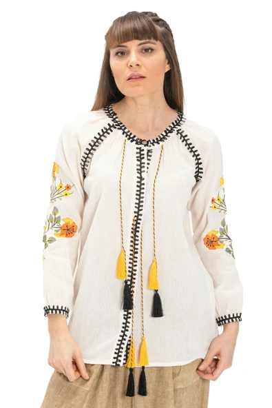 Uzun Kol Şile Bezi Nigar Yazlık Bluz Krem Krm S Krem - Resim 6