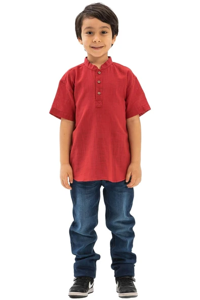 Kısa Kol Şantuklu Pamuk Bodrum Yazlık Erkek Çocuk Tshirt Kırmızı 3051 1-2 Yaş Kırmızı - Resim 6