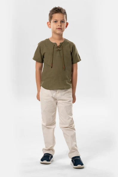 Kısa Kol Şile Bezi Zımbalı Yazlık Erkek Çocuk Tshirt Haki 3049 1-2 Yaş Haki - Resim 4