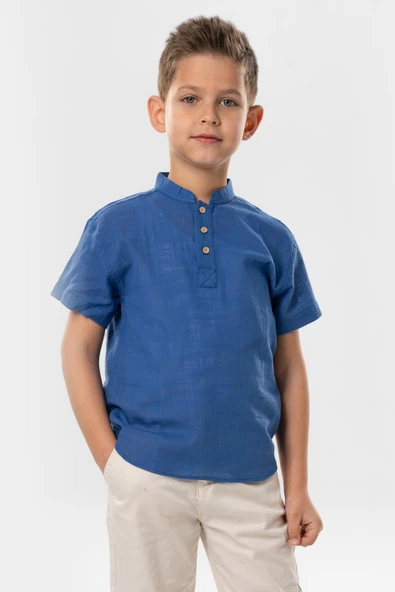 Kısa Kol Şantuklu Pamuk Bodrum Yazlık Erkek Çocuk Tshirt Saks 3050 1-2 Yaş Saks ürün görseli