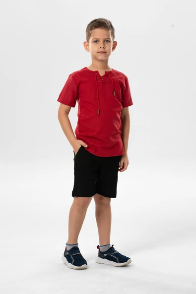 Kısa Kol Şile Bezi Zımbalı Yazlık Erkek Çocuk Tshirt Kırmızı 3051 1-2 Yaş Bordo - Resim 4