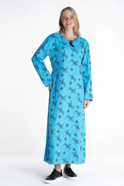 Uzun Kol Şile Bezi Baskılı Uzun Yazlık Elbise Serpme Desen Turkuaz Trkz ürün görseli