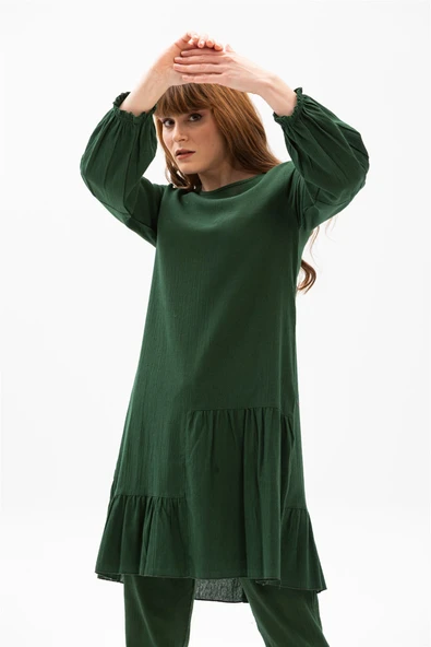 Elif Şile Bezi Mevsimlik ve Yazlık Tunik Yeşil Ysl S Yeşil - Resim 3