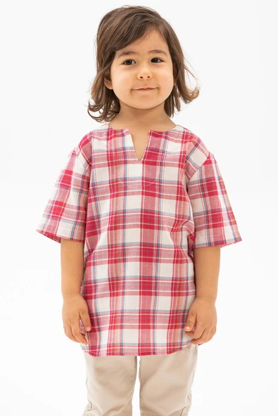 Kısa Kol Şile Bezi Bisiklet Yaka Yazlık Erkek Çocuk Tshirt Kırmızı Krem Ekose 3038 1-2 Yaş Kırmızı Krem Ekose - Resim 4