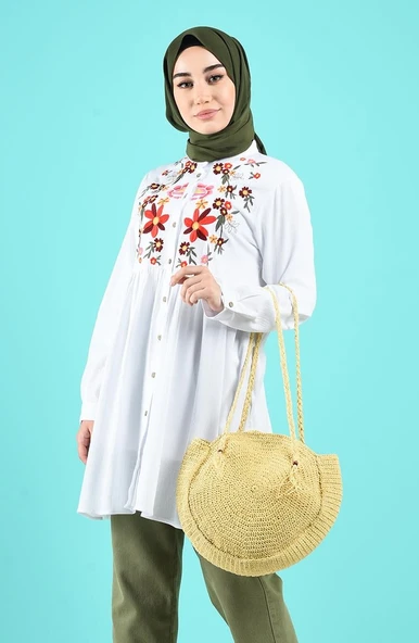 Büşra Şile Bezi Yazlık Tunik Beyaz Byz S Beyaz - Resim 5