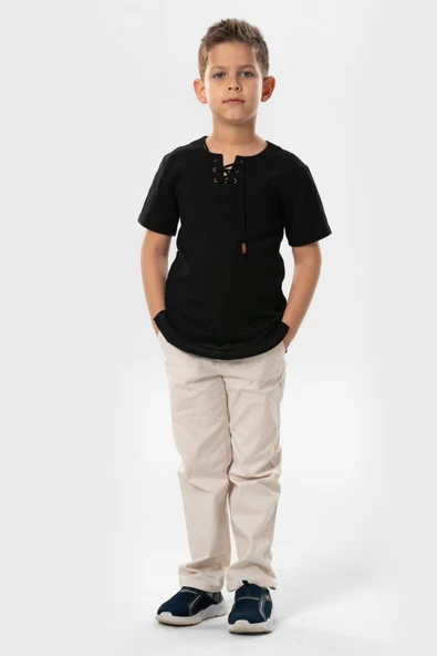 Kısa Kol Şile Bezi Zımbalı Yazlık Erkek Çocuk Tshirt Siyah 3003 1-2 Yaş Siyah - Resim 4