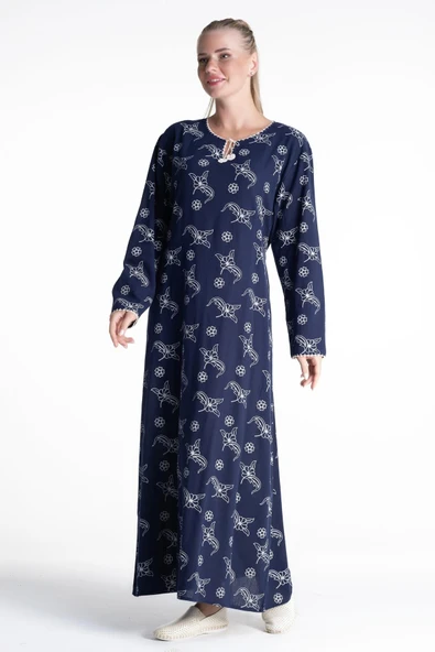 Uzun Kol Şile Bezi Baskılı Uzun Yazlık Elbise Serpme Desen Lacivert Lcvt ürün görseli