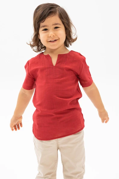 Kısa Kol Şile Bezi Bisiklet Yaka Yazlık Erkek Çocuk Tshirt Kırmızı 3051 1-2 Yaş Kırmızı - Resim 3