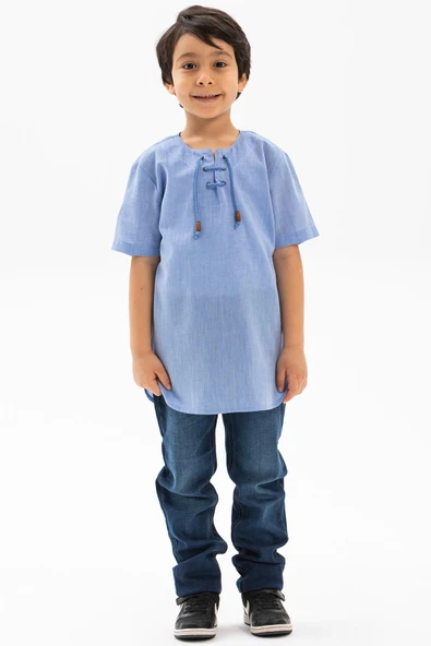 Kısa Kol Şile Bezi Zımbalı Yazlık Erkek Çocuk Tshirt Mavi 3032 9-10 Yaş Mavi - Resim 3