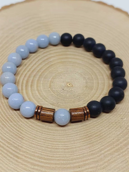 Angelit & Oniks Taşı 8mm Unisex Tasarım Bileklik Hawaii Model (3927) - Resim 6