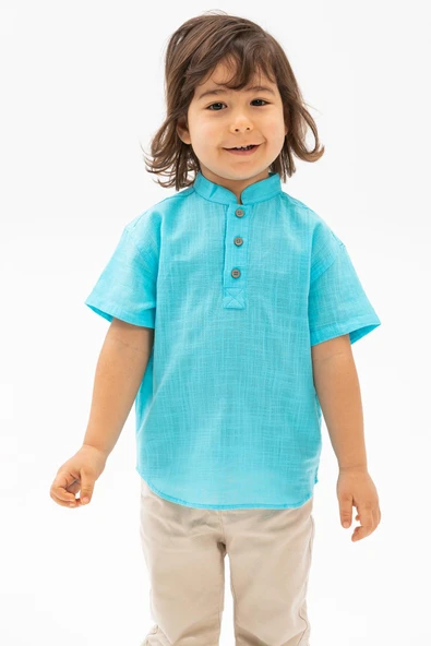 Kısa Kol Şantuklu Pamuk Bodrum Yazlık Erkek Çocuk Tshirt Açık Turkuaz 3075 1-2 Yaş Açık Turkuaz - Resim 3