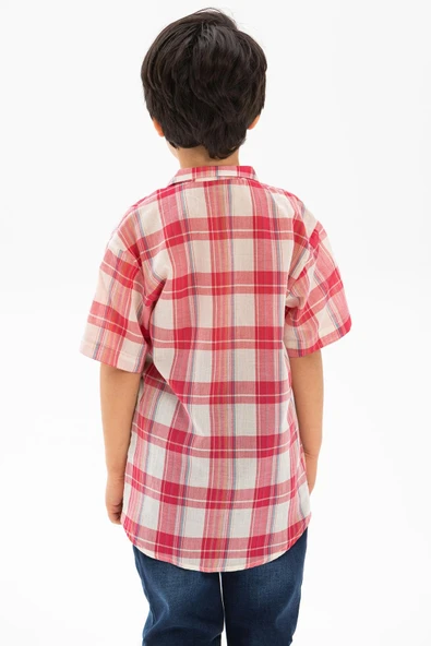 Kısa Kol Şile Bezi Tek Cepli Erkek Yazlık Çocuk Gömlek Kırmızı Krem Ekose 3038 2-3 Yaş Kırmızı Krem Ekose - Resim 2