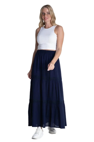 Uzun Şile Bezi Dantelli Yazlık Etek Lacivert Lcvt S/M Lacivert - 9