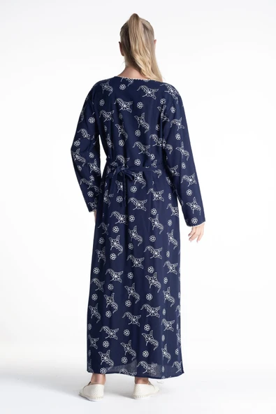 Uzun Kol Şile Bezi Baskılı Uzun Yazlık Elbise Serpme Desen Lacivert Lcvt - Resim 2