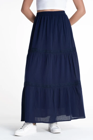 Uzun Şile Bezi Dantelli Yazlık Etek Lacivert Lcvt S/M Lacivert