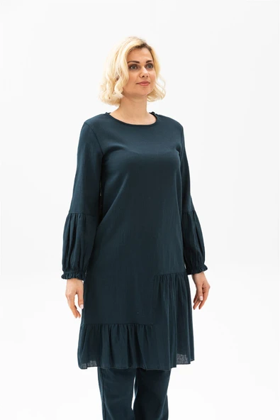 Elif Şile Bezi Mevsimlik ve Yazlık Tunik Petrol Ptrl S Petrol - Resim 3