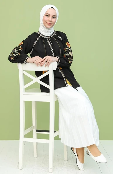 Uzun Kol Şile Bezi Nigar Yazlık Bluz Siyah Syh S Siyah - Resim 6