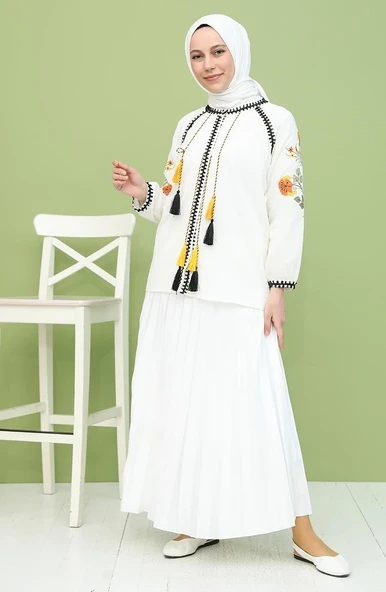 Uzun Kol Şile Bezi Nigar Yazlık Bluz Krem Krm S Krem - Resim 7