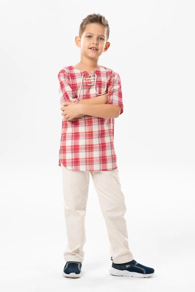 Kısa Kol Şile Bezi Zımbalı Yazlık Erkek Çocuk Tshirt Kırmızı Krem Ekose 3038 1-2 Yaş Kırmızı Krem Ekose - 4