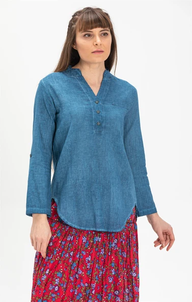 Uzun Kol Şile Bezi Akasya Yazlık Bluz Kot Mavi Ktmv S indigo - Resim 3