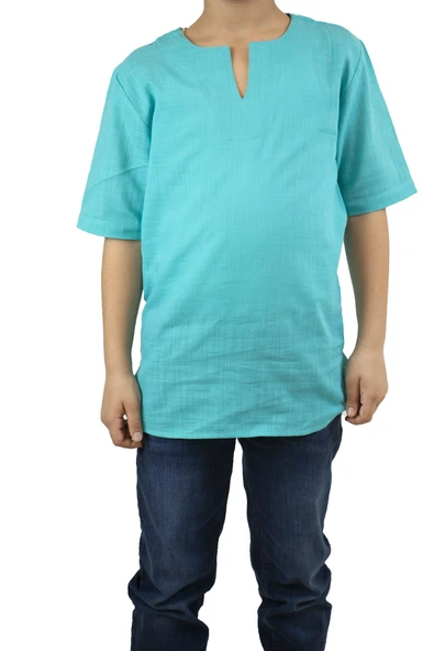 Kısa Kol Şile Bezi Bisiklet Yaka Yazlık Erkek Çocuk Tshirt Turkuaz 3054 1-2 Yaş Turkuaz - Resim 3