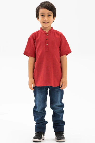 Kısa Kol Şantuklu Pamuk Bodrum Yazlık Erkek Çocuk Tshirt Kırmızı 3051 1-2 Yaş Kırmızı ürün görseli