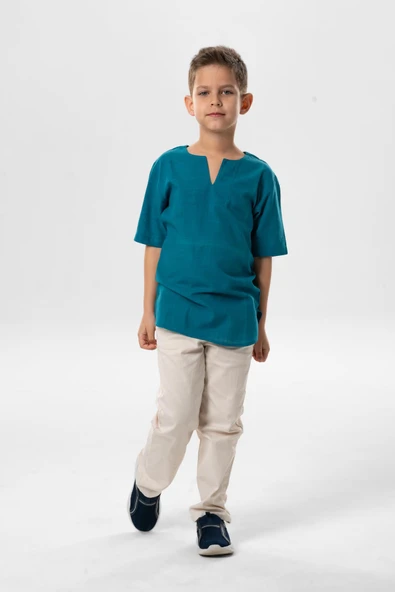 Kısa Kol Şile Bezi Bisiklet Yaka Yazlık Erkek Çocuk Tshirt Petrol 3053 1-2 Yaş Petrol - Resim 5