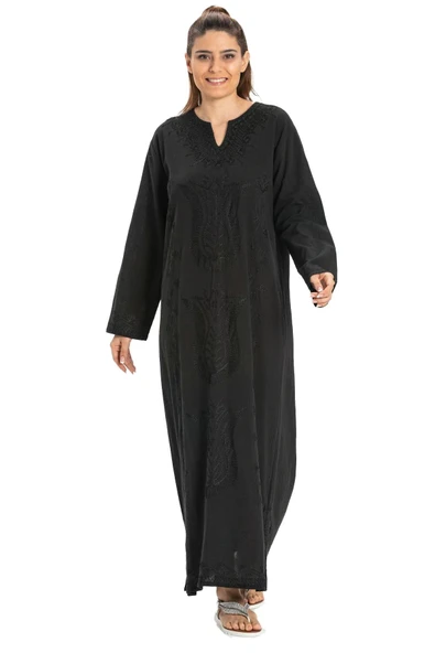 Uzun Kol Şile Bezi Simli Kaftan Midi Boy Yazlık Elbise Siyah Syh - 7