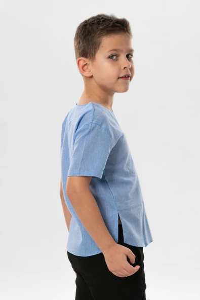 Kısa Kol Şile Bezi Bisiklet Yaka Yazlık Erkek Çocuk Tshirt Mavi 3032 1-2 Yaş Mavi - Resim 4