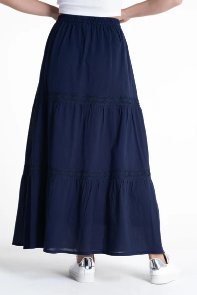 Uzun Şile Bezi Dantelli Yazlık Etek Lacivert Lcvt S/M Lacivert - 3