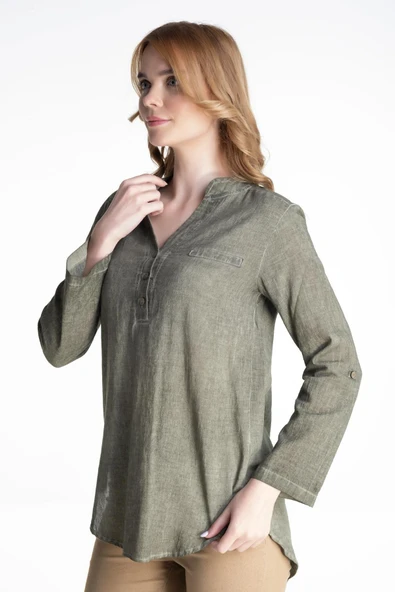 Uzun Kol Şile Bezi Akasya Yazlık Bluz Haki Hk S Yeşil - Resim 4