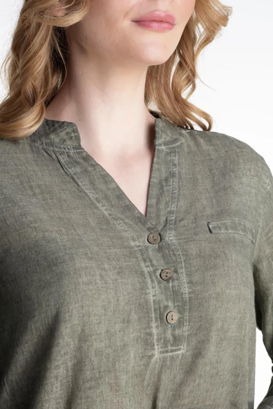 Uzun Kol Şile Bezi Akasya Yazlık Bluz Haki Hk S Yeşil - Resim 3