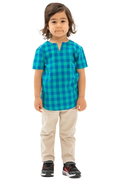 Kısa Kol Şile Bezi Bisiklet Yaka Yazlık Erkek Çocuk Tshirt Mint Kareli 3033 1-2 Yaş Mint Kareli - Resim 5