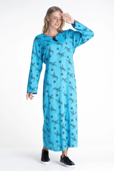 Uzun Kol Şile Bezi Baskılı Uzun Yazlık Elbise Serpme Desen Turkuaz Trkz - Resim 5