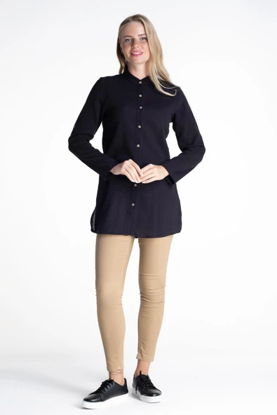 Kadın Şile Bezi Hakim Yaka Yazlık Tunik Siyah Syh M Siyah - Resim 6